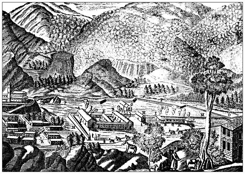 古董(大约1790年)雕刻意大利阿尔卑斯山脉:Scopello, Valsesia，皇家铸造炉